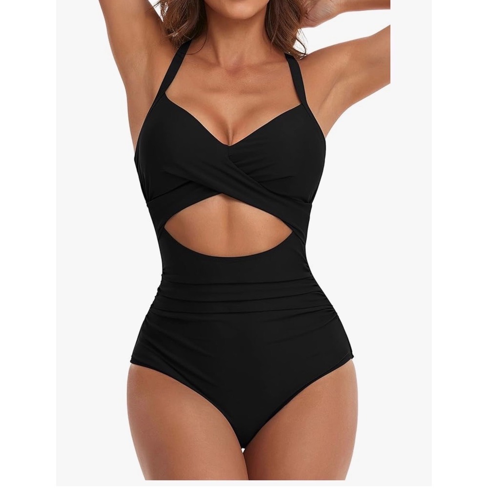 Black One Piece Swimsuit Crossover Halter Cutout Monokini Small